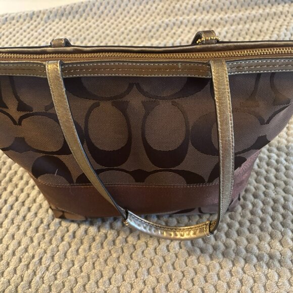 Coach Metallic Signature Patchwork Tote Bag — Bronze / Gold Trim — Style F13548 - Picture 9 of 15